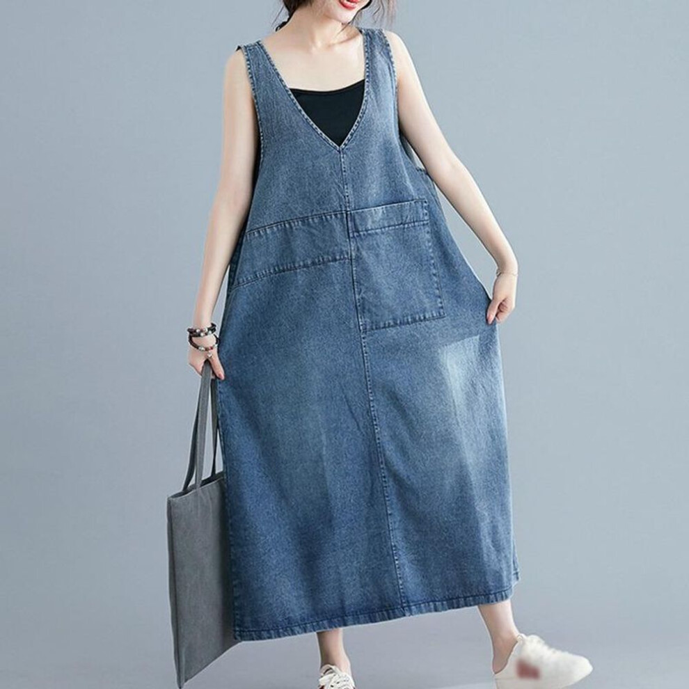 (blue, 2XL) Denim Dress Women Plus Size Casual Vintage Sleeveless Big Pockets Loose Retro Jeans Dresses Female V Neck Summer