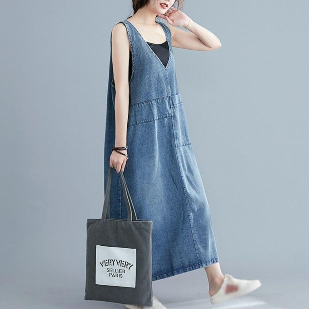 (blue, XL) Denim Dress Women Plus Size Casual Vintage Sleeveless Big Pockets Loose Retro Jeans Dresses Female V Neck Summer