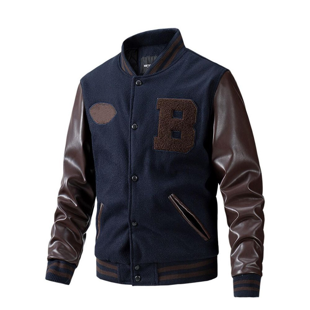 (dark blue, XXL) Baseball Coat Jacket Men's Autumn And Winter New Casual Color Inserted Wool Coat