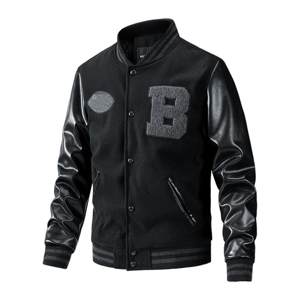 (black, L) Baseball Coat Jacket Men's Autumn And Winter New Casual Color Inserted Wool Coat