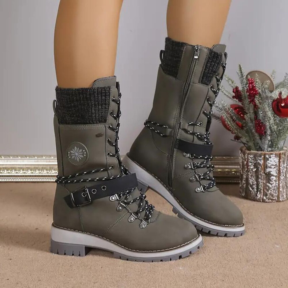 (green, 37) Women's Fashion Thermal Mid Calf Boots Knitted Splicing Lace Up Side Zipper Boots All-Match Outdoor Boots