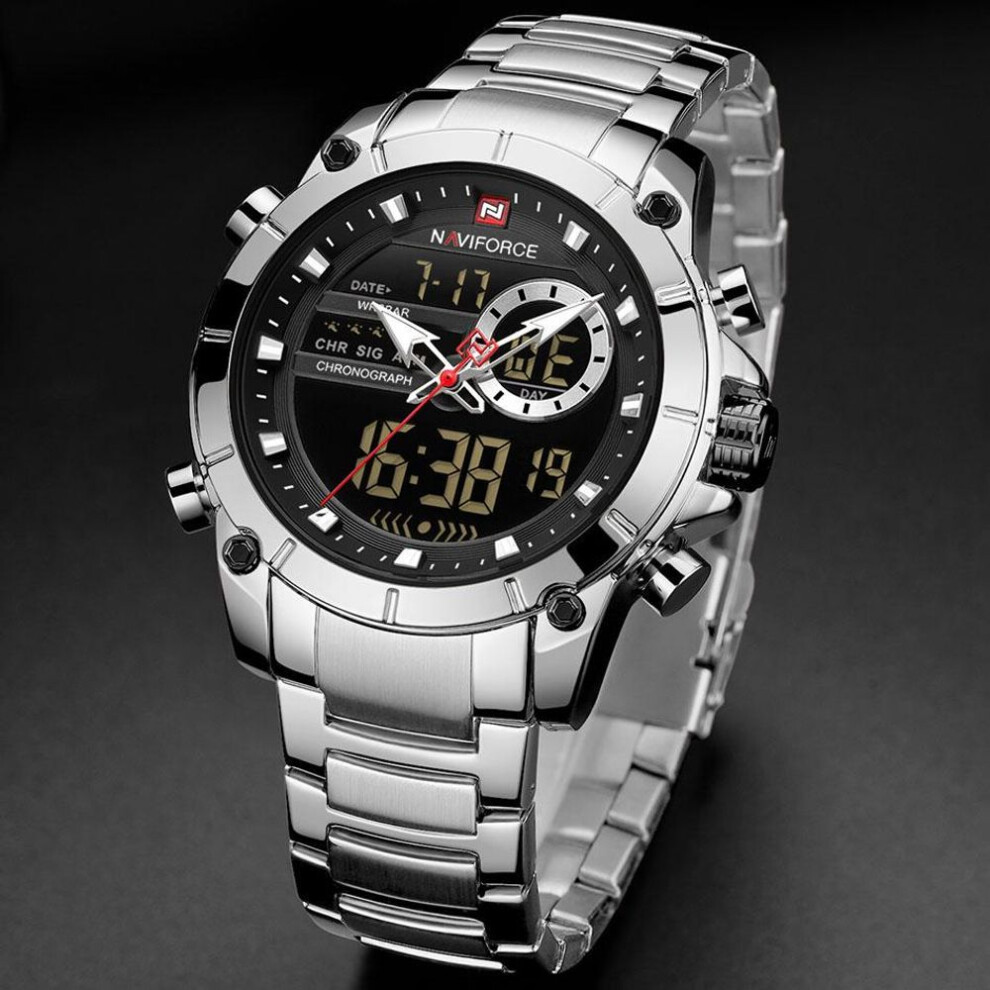 (Silver) Naviforce Mens Fashion Dual Display Watches Stainless Steel Luxury Digital Wristwatch