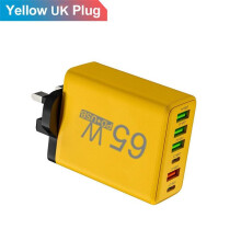 (UK Plug, Yellow) 65W USB Charger 6 Port PD Type C Fast Charging Adapter For iPhone 13 14 15 Samsung Xiaomi Huawei Mobile Phone Wall Quick Charger