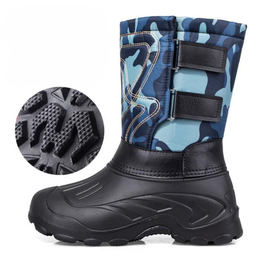 (blue, 41) Autumn and Winter Thickened Large Size Men's Waterproof Outdoor Snow Boots Mid-calf Liner Padded Cotton Fishing Boots