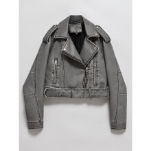 (grey, M) Spring Autumn Women Loose Zipper with Belt Retro Faux Leather Short Jacket Streetwear Female Chic Vintage Coat Outwear