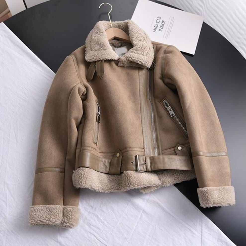 (brown, XL) Winter Women Thick Warm Suede Jacket Short Motorcycle Brown Coats Faux Shearling Sheepskin Leather Jackets Outwear