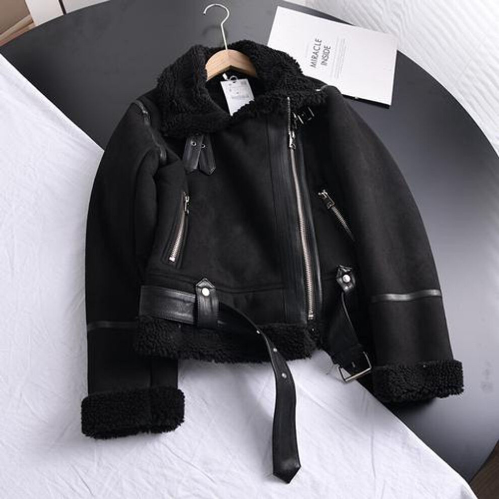 (black, XL) Winter Women Thick Warm Suede Jacket Short Motorcycle Brown Coats Faux Shearling Sheepskin Leather Jackets Outwear