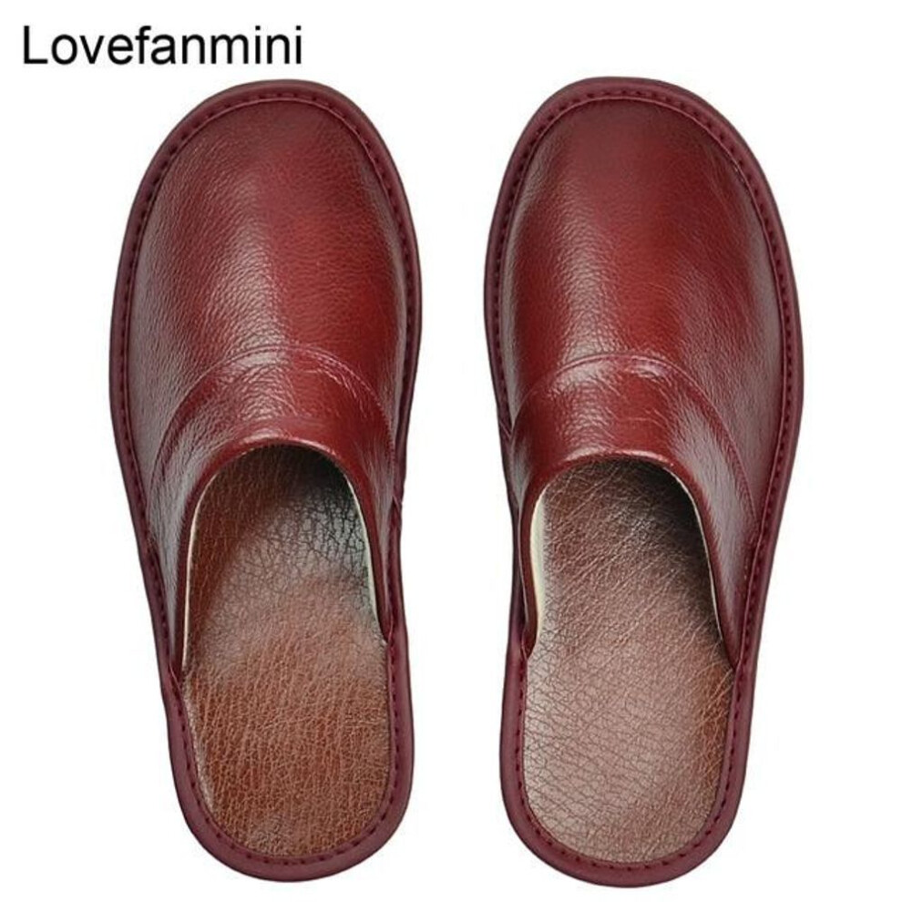 (red, 36-37) Cow Leather slippers men big sizes Linen home male indoor house for Men's slippers women man slipper Luxury soft Flat shoes