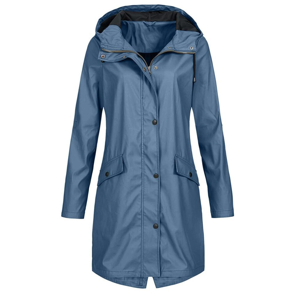 (blue, S) Women Solid Rain Outdoor Hooded Raincoat Windproof Long Jacket Coat