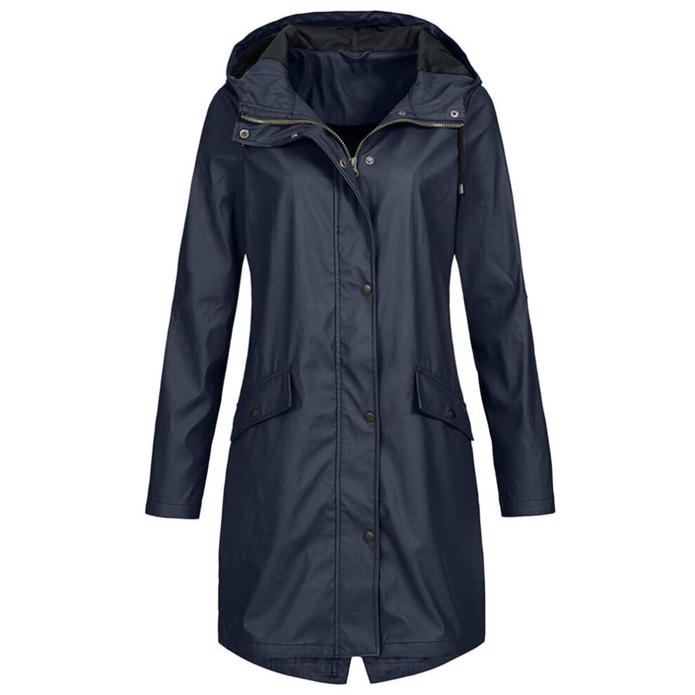 (navy, L) Women Solid Rain Outdoor Hooded Raincoat Windproof Long Jacket Coat