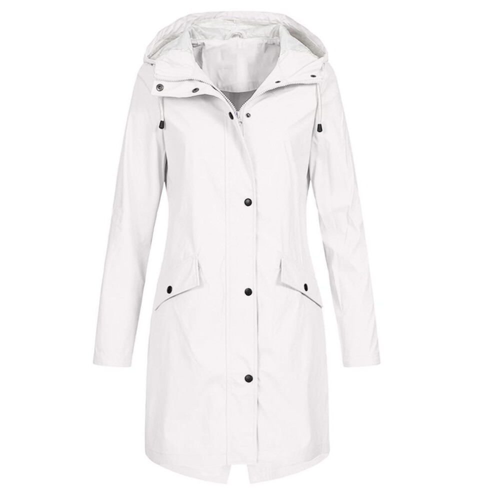 (white, S) Women Solid Rain Outdoor Hooded Raincoat Windproof Long Jacket Coat