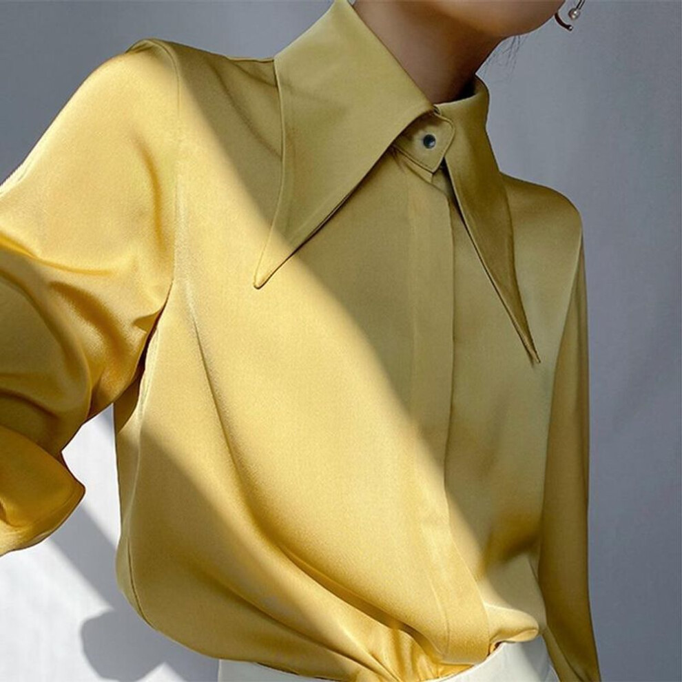 (yellow, S) Autumn Vintage Satin Silk Women Shirt Elegant Turn Down Collar Woman Blouse White Long Sleeve Ladies Shirts Tops Blusas 16946