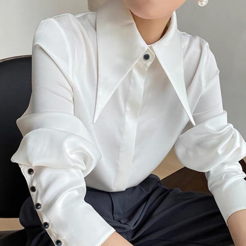 (white, S) Autumn Vintage Satin Silk Women Shirt Elegant Turn Down Collar Woman Blouse White Long Sleeve Ladies Shirts Tops Blusas 16946