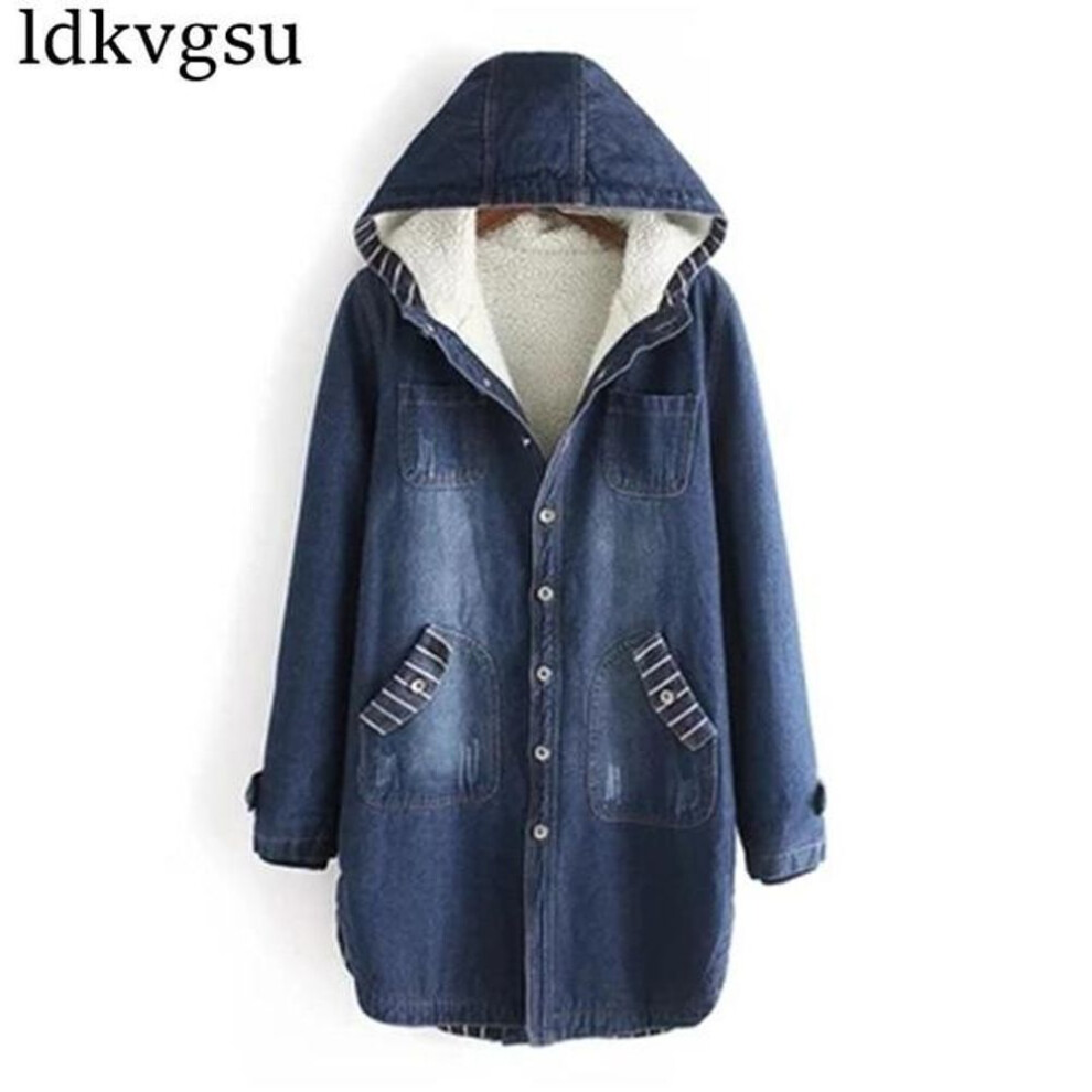 (blue, XXXL) Winter Denim Jacket Women Warm Hooded Jeans Coat