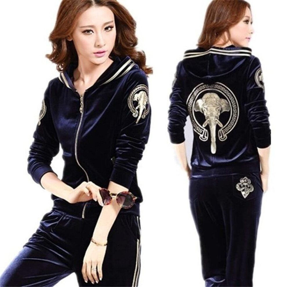 (sapphire blue, XXL) Women Velvet Tracksuits Spring Hooded Jacket+Trousers Two Sets Velvet Sportswear Suit Plus Size Women Pants Set