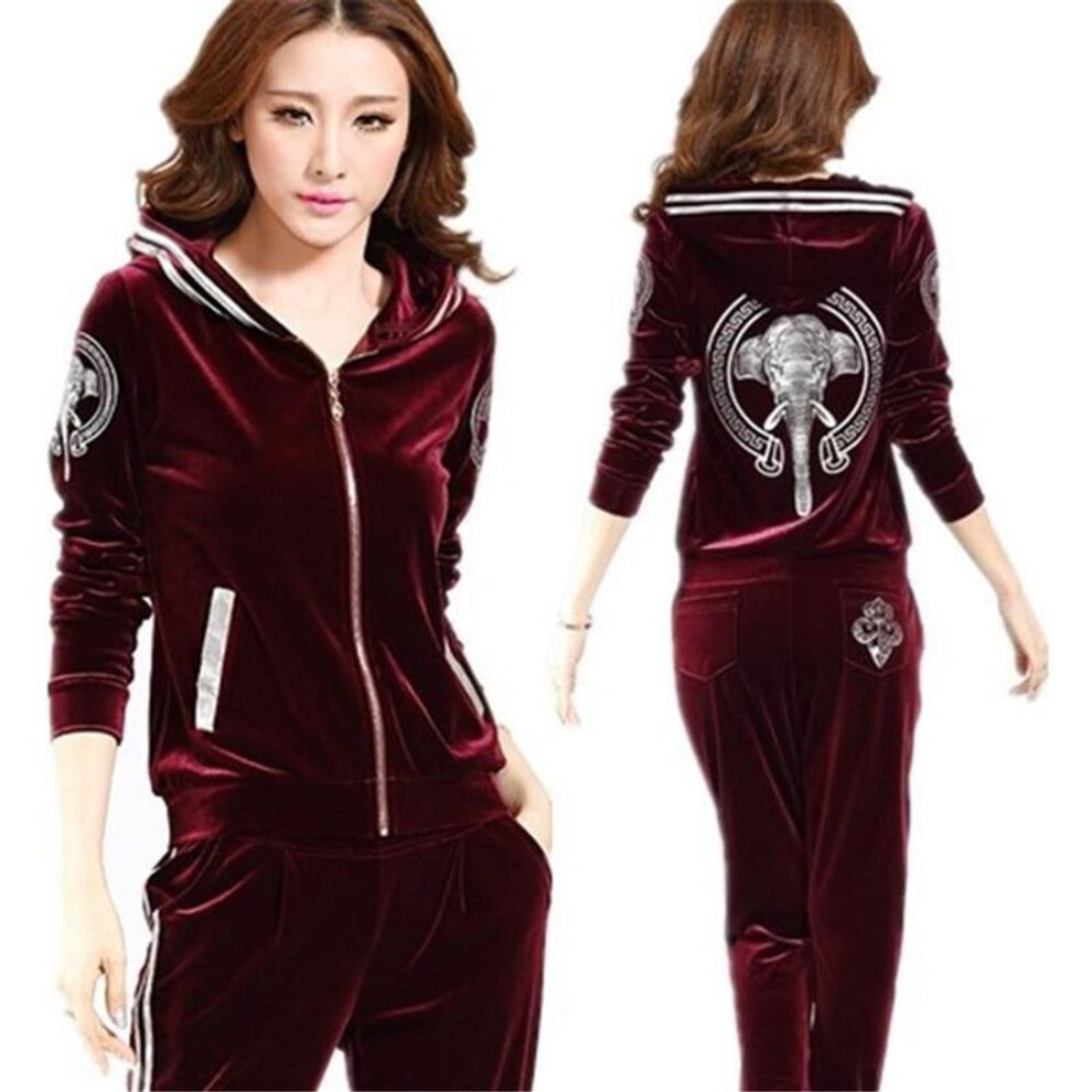 (wine red, L) Women Velvet Tracksuits Spring Hooded Jacket+Trousers Two Sets Velvet Sportswear Suit Plus Size Women Pants Set