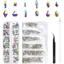 120 Pcs Multi Shapes Glass Crystal Ab Rhinestones for Nail Art Craft, Mix 12 Style Flatback Crystals 3d Decorations Flat Back Stones Gems Set (120 Pcs