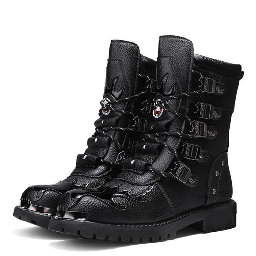 (black, 40) Men's Cowhide Genuine Leather Work Boots Military Combat Boots Gothic Skull Punk Motorcycle Martin Boots Mens Riding
