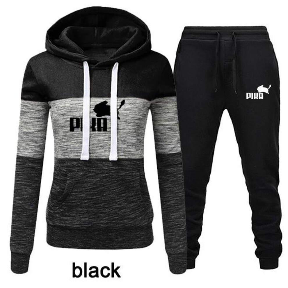 (black, S) Women Fashion 2 Pcs Tracksuits Color Patchwork Tracksuit Female Long Sleeve Hoodies Sweatshirt and Jogging Pants