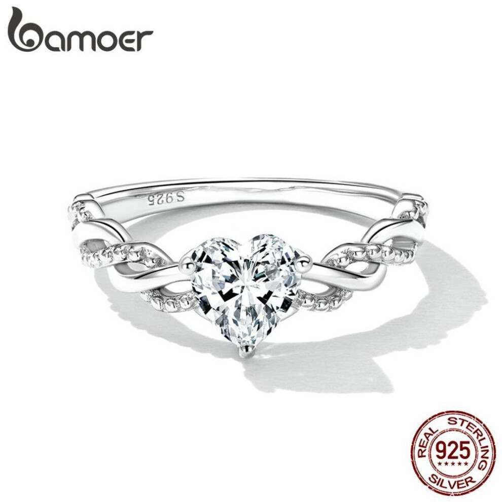 (8) BAMOER 925 Sterling Silver Romantic Love Ring for Women Fine Jewelry Shining Heart Stone Ring for Girl Wedding Bridal Gift