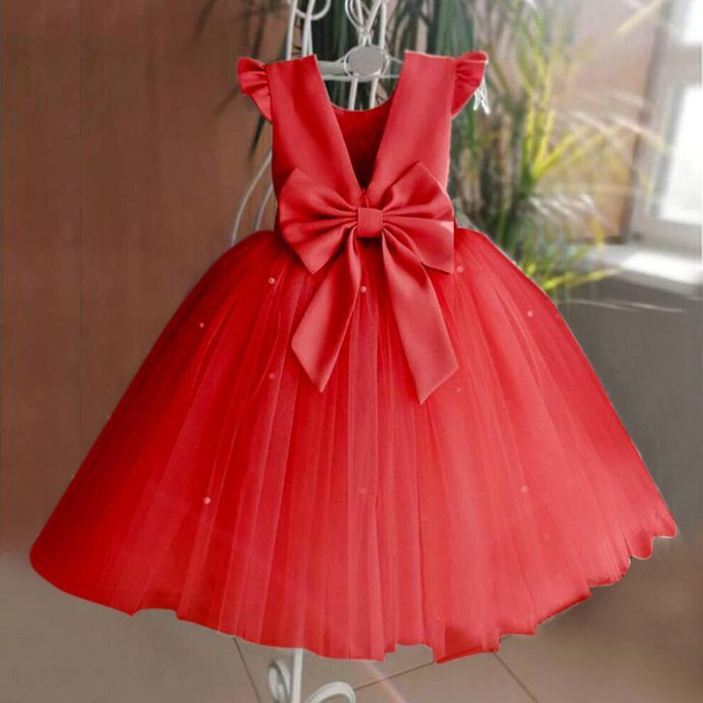 (red, 100cm) Girl Flower Birthday Tulle Dress Bow Wedding Kids Party Wear Princess Blue Dress Baby Bowknot Dresses