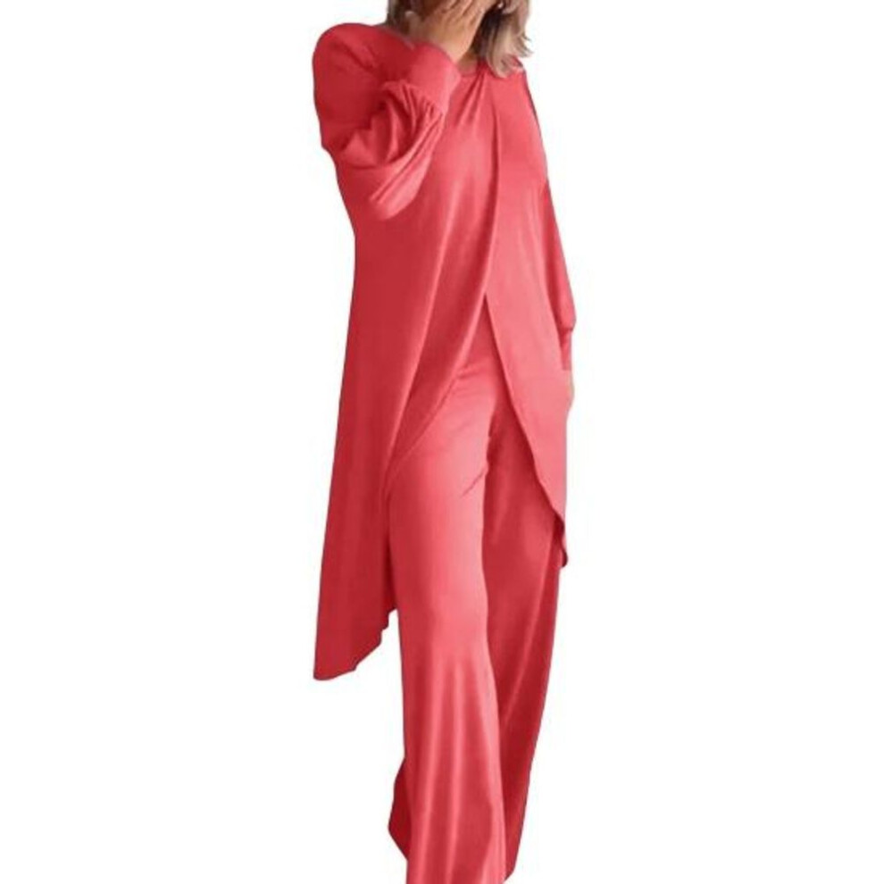(red,orange, 4XL) 2 Pcs/Set Pants Set Irregular Hem Round Neck Sleeves Top Wide Leg Loose Plus Size Trousers