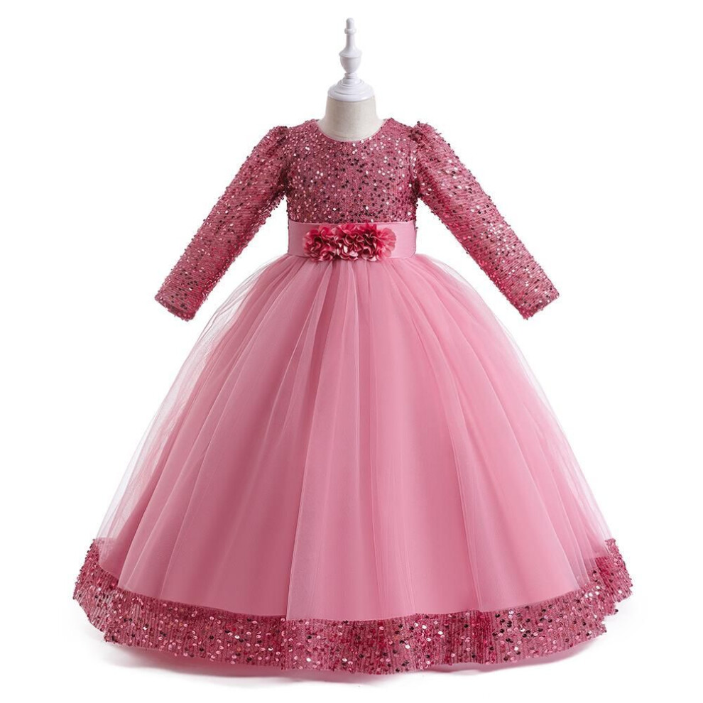 (dark pink, 160CM) Summer Sequin Christmas Kids Party Dresses For Girls Bridemaid Costume Long Sleeve Prom Princess Dress Wedding Evening Gown