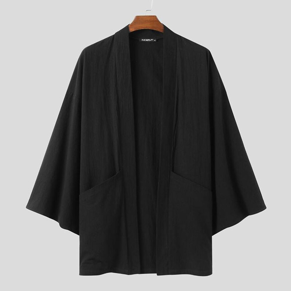 (black, S) INCERUN Japanese Kimono Men's Loose Batwing Sleeve Front Open Cape Cardigan Poncho Coats Tops
