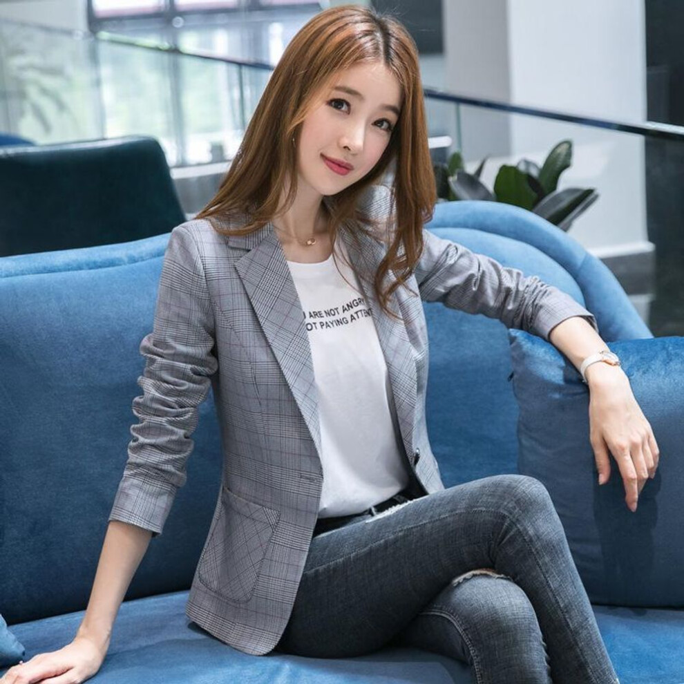 (light grey, L) Women Chic Blazer Suit Jacket Long Sleeve Office Wear Coats Female Outerwear Tops