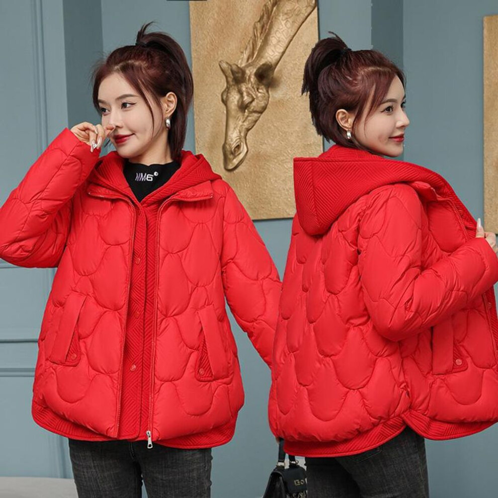 (red, L) Women Autum Winter Hooded Neck Long Sleeve Solid Color Loose Chic Casual Warm Cotton Coat Jackets