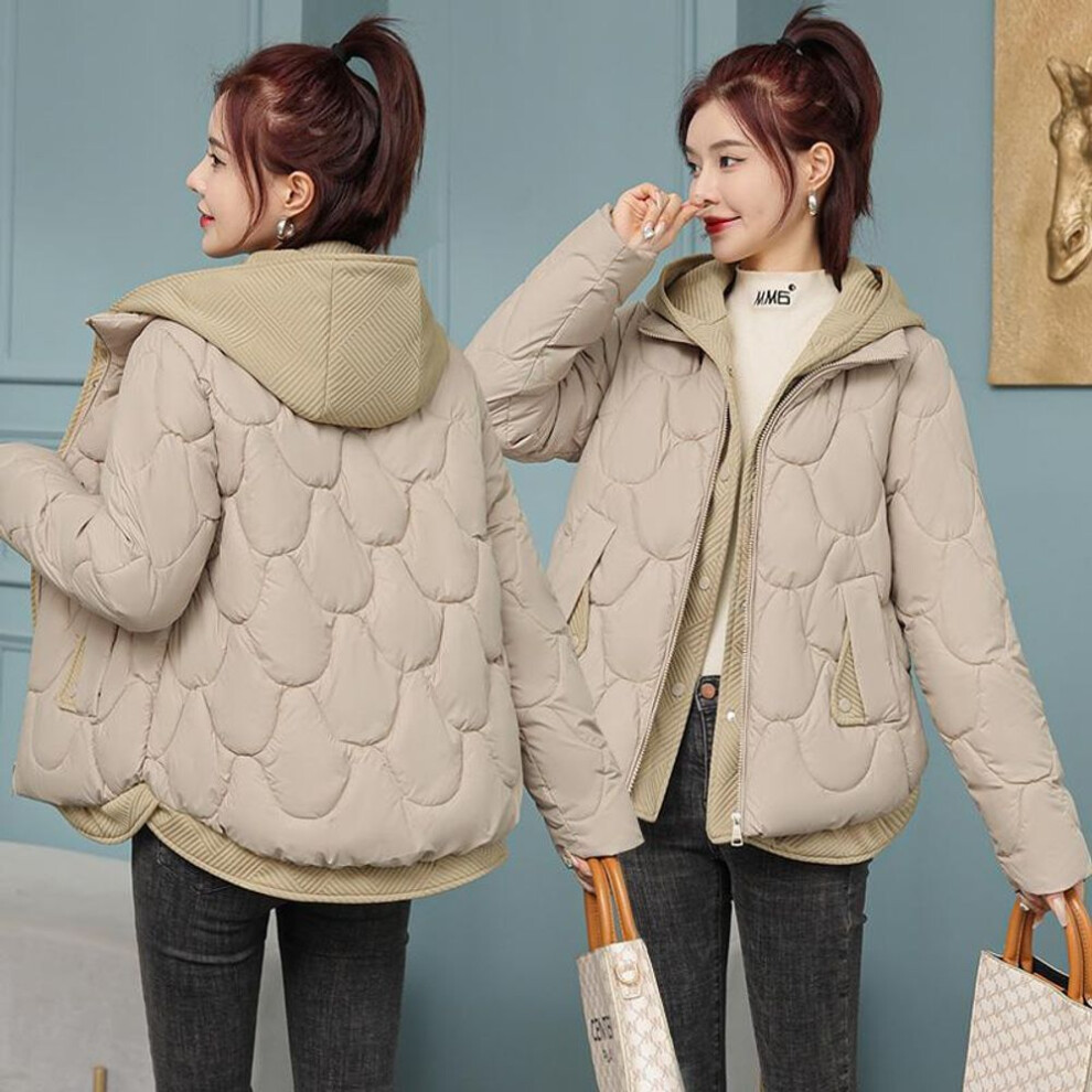 (khaki, M) Women Autum Winter Hooded Neck Long Sleeve Solid Color Loose Chic Casual Warm Cotton Coat Jackets