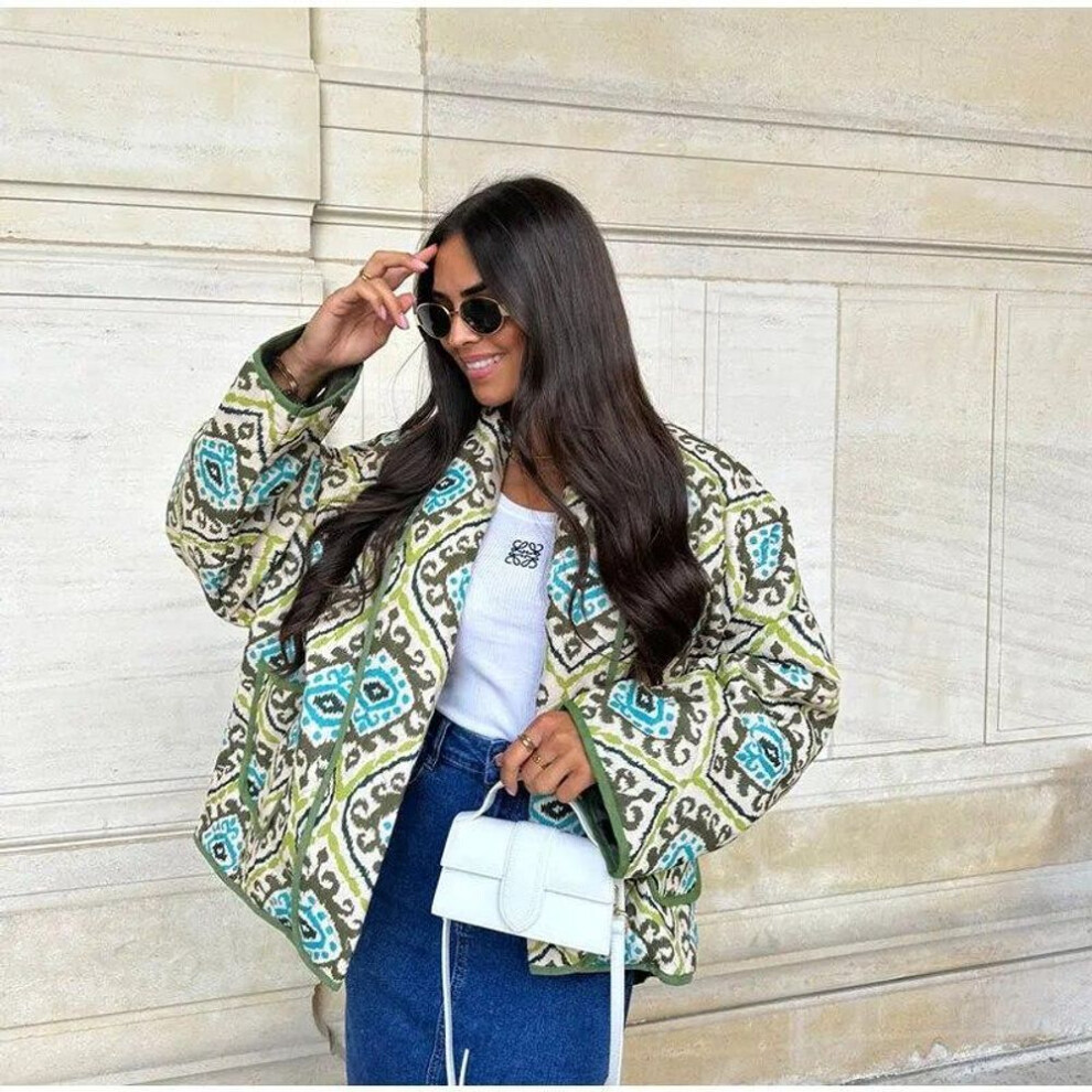 (deep,green, L) Lapel Printed Short Jacket Women Long Sleeve Warm Pocket Cardigan Coat Thick Autumn Winter Female Street Outwear