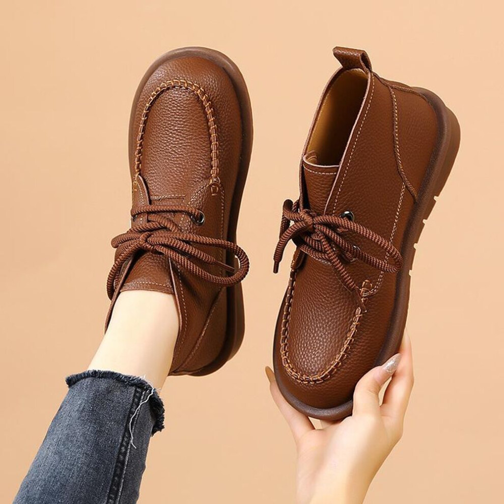 (brown, EU:39) Women's Winter Boots Oxfords Boots Flats Desert Boots Leather Student Boots for Girl Motorcycle Ankle Boots