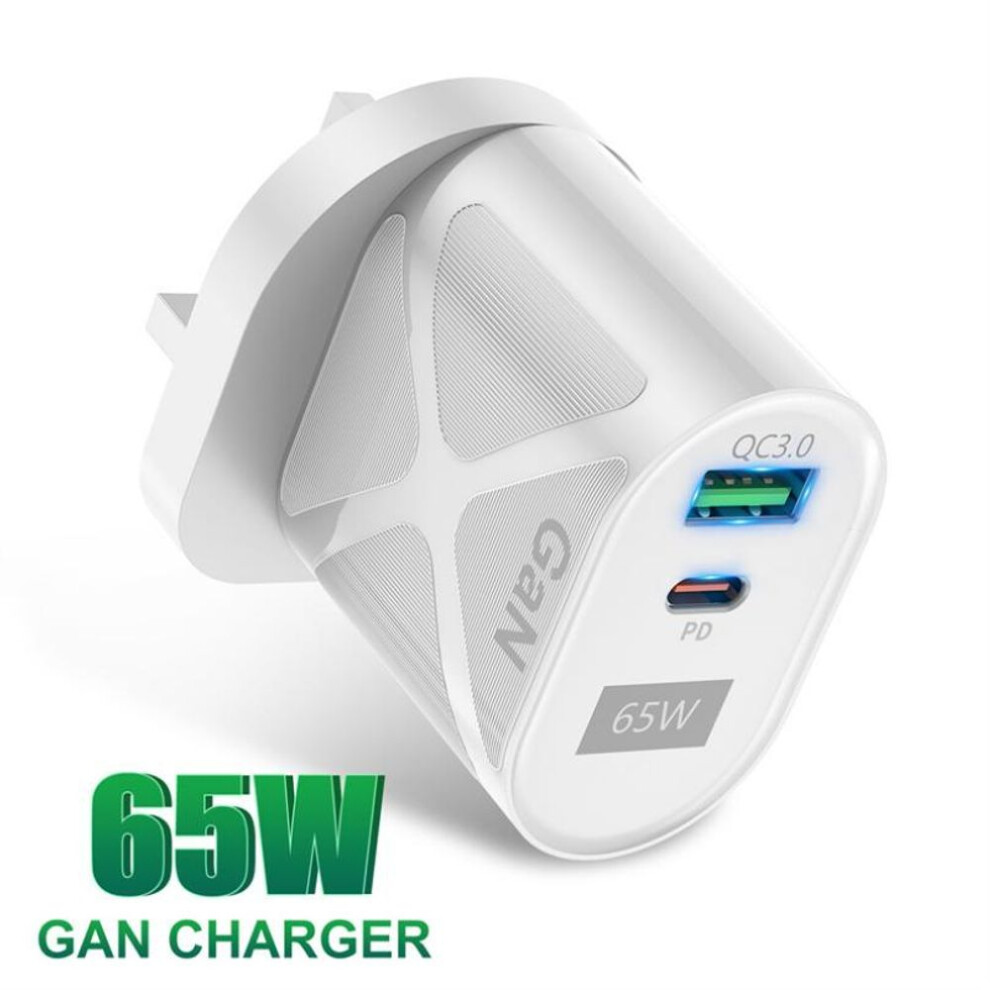(UK Plug, White) QC+PD 65W GaN Fast Charge Adapter for MacBook Pro Laptop Type C PD Quick Charger for IPhone 13 14 IPad Huawei Xiaomi Samsung