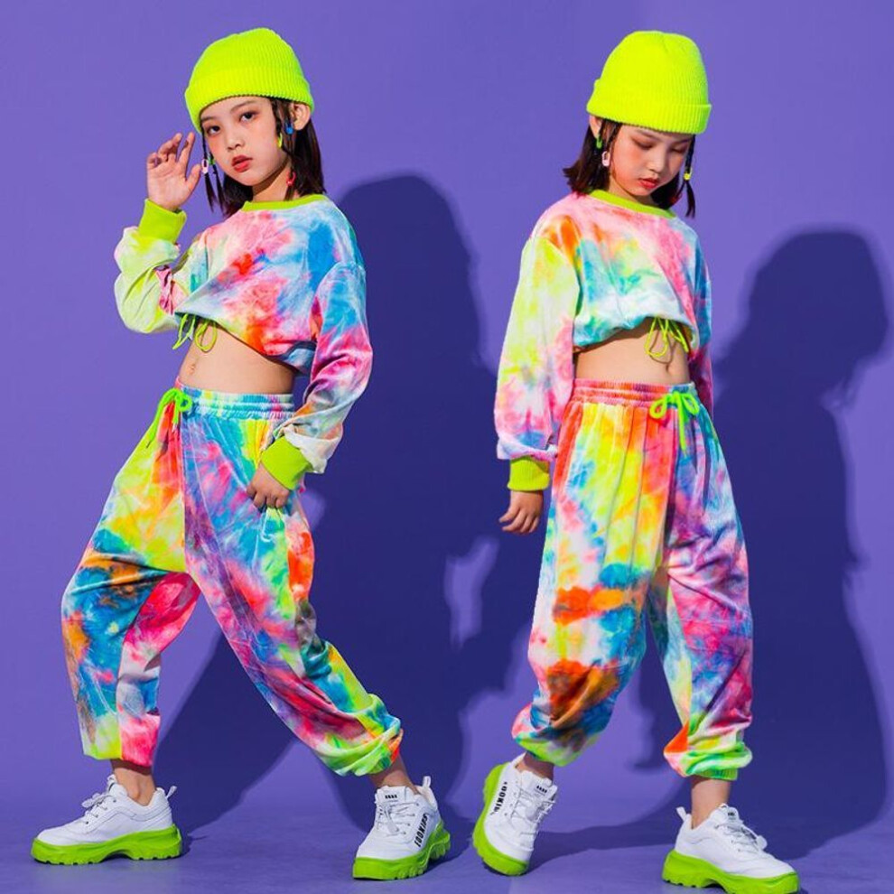 (as the picture, 140cm) Girls Hip Hop Color Graffiti Sweatshirt + Jogger Pant Two-Piece Suits Kids Child Streetwear Sport Outfit Teens Jazz Street Dance Costume
