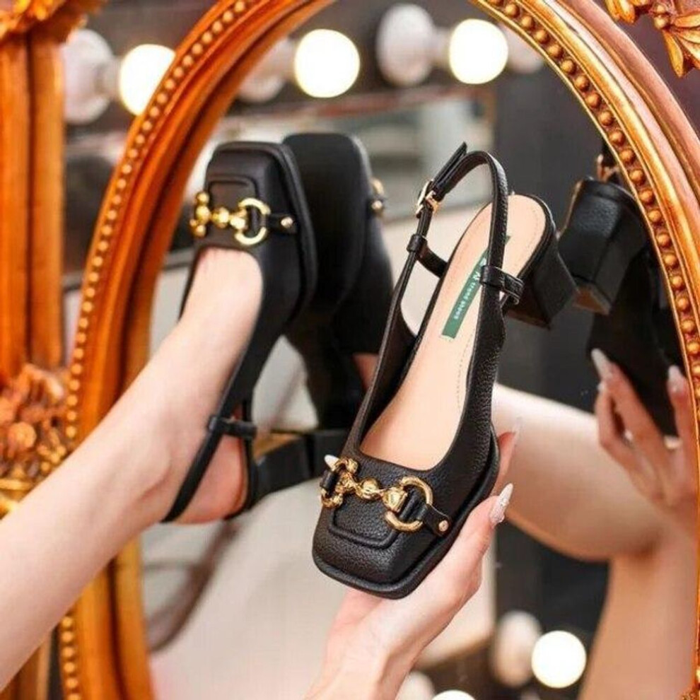 (black, 39) Women's Mid-heel Summer French Style Back Empty Female Thick Heel Square Toe Mary Jane Shoes Black Green Talon Femme