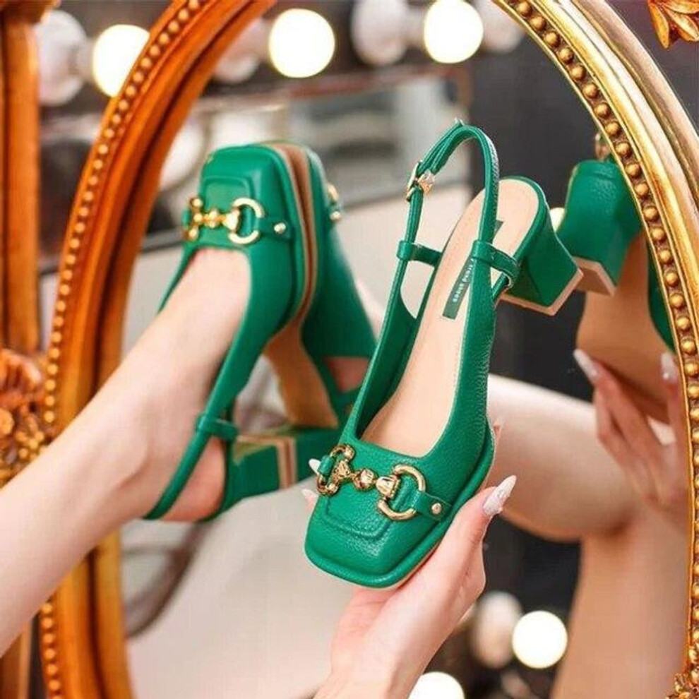 (green, 40) Women's Mid-heel Summer French Style Back Empty Female Thick Heel Square Toe Mary Jane Shoes Black Green Talon Femme