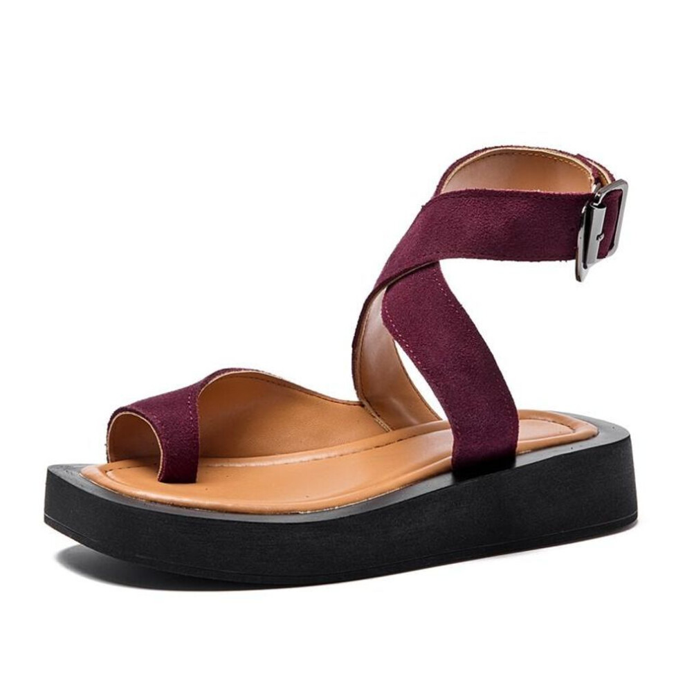 (red, 37) Sandals Women Large Size Clip Toes Fashion Roman Women Summer Sandals Suede Genuine Leather Beach Sandals Women