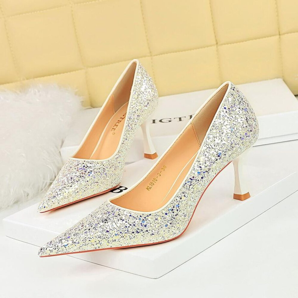 (white, 38) Women's Fashion Banquet High Heels Metal Heels, High Heels Shallow Mouth, Pointed Toe, Shining Shining Sheep Cloth Single Shoes