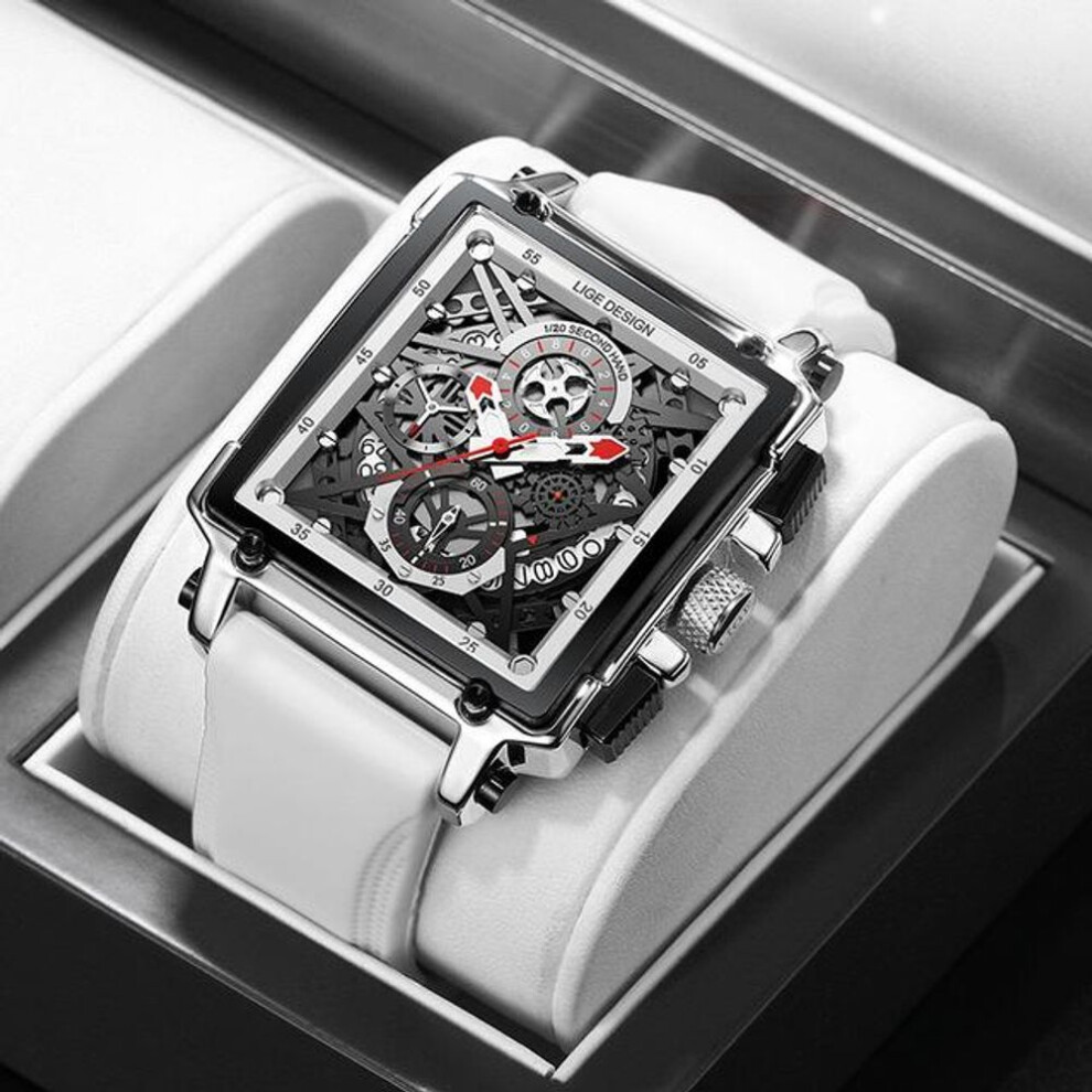(Silver White) Hollow Square Mens Watches Chronograph LIGE Brand Luxury Automatic Date Men Watch Waterproof Male Wristwatches