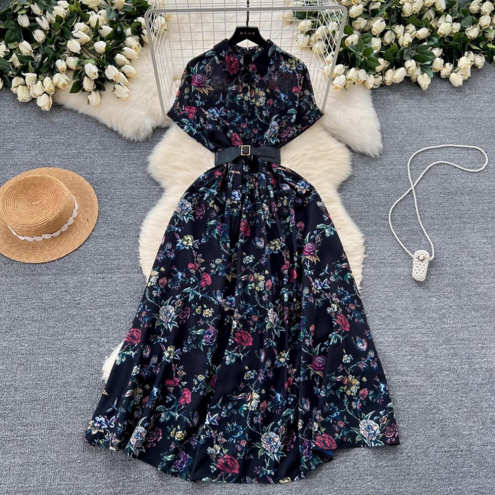 (black, XL) French Vintage Print Lapel Dress Women&apos;s Short Sleeve Floral Print High Waist Belt Office Lady Maxi Clothing Female Vestidos