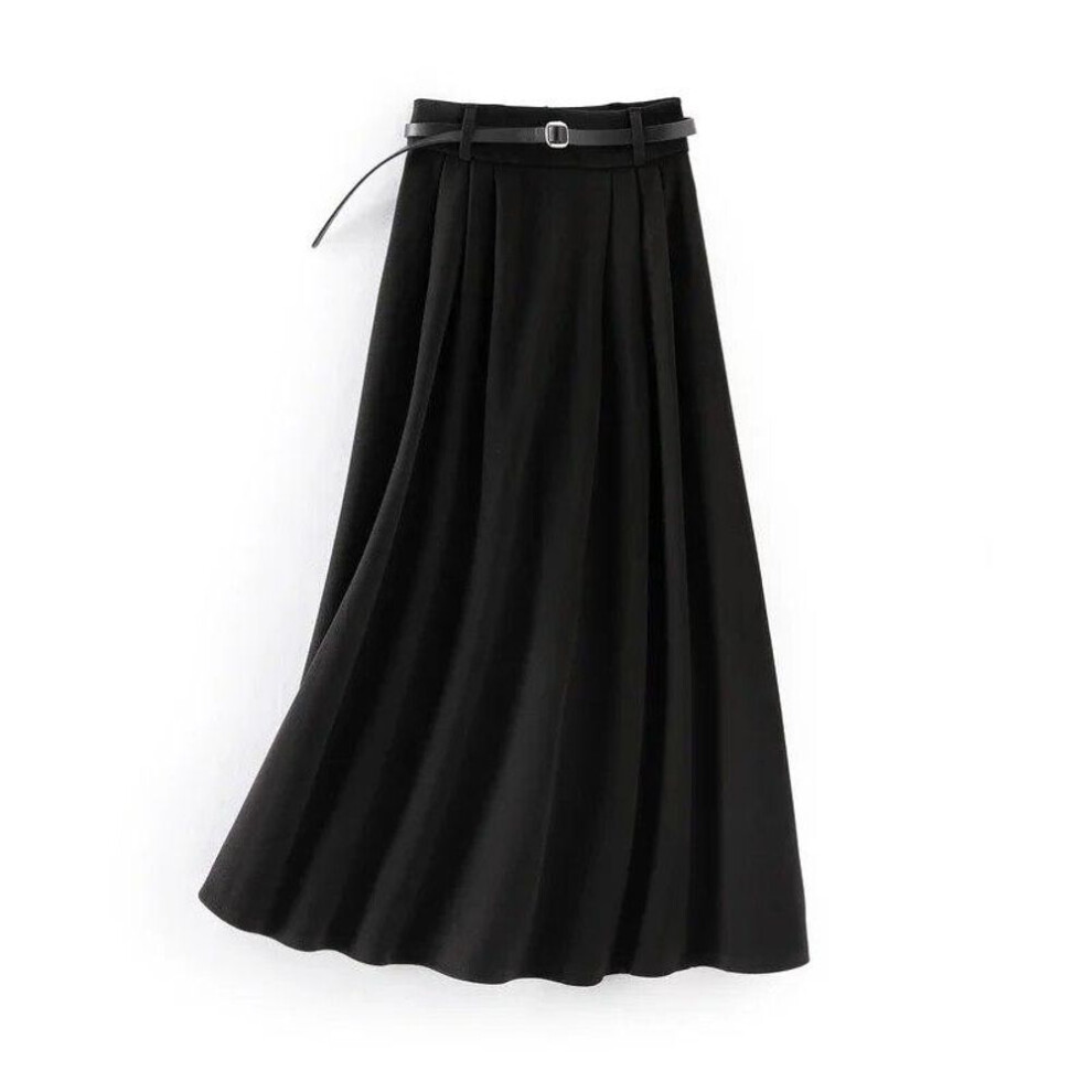 (black, XL) Fashion Office Lady Pleated Skirt Women Elegant High Waist Loose A-line Skirts Female Autumn Winter Woolen Coffee Long Skirt 29914