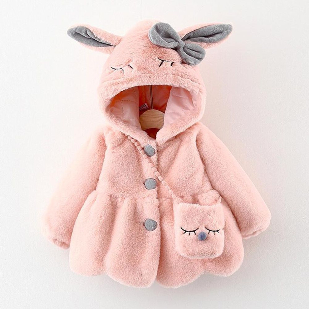 (pink, 100) Rabbit Ears Plush Baby Jacket Christmas Sweet Princess Girls Coat Autumn Winter Warm Hooded Outerwear Toddler Girl Clothes