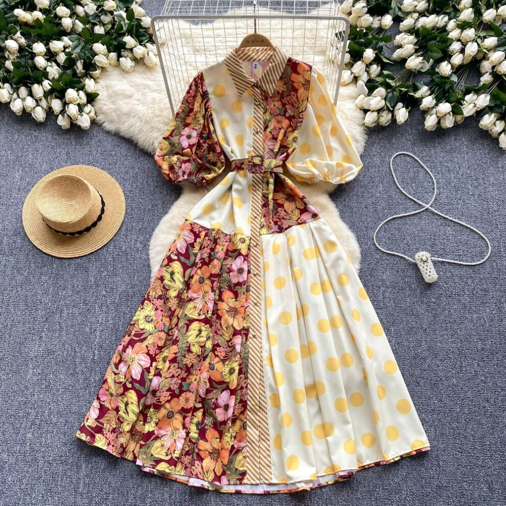 (yellow, One Size) Summer Elegant Midi Patchwork Dress for Women Lapel 3/4 Sleeve Wave Point Breasted Female Design Vestidos New In 2024 Chic