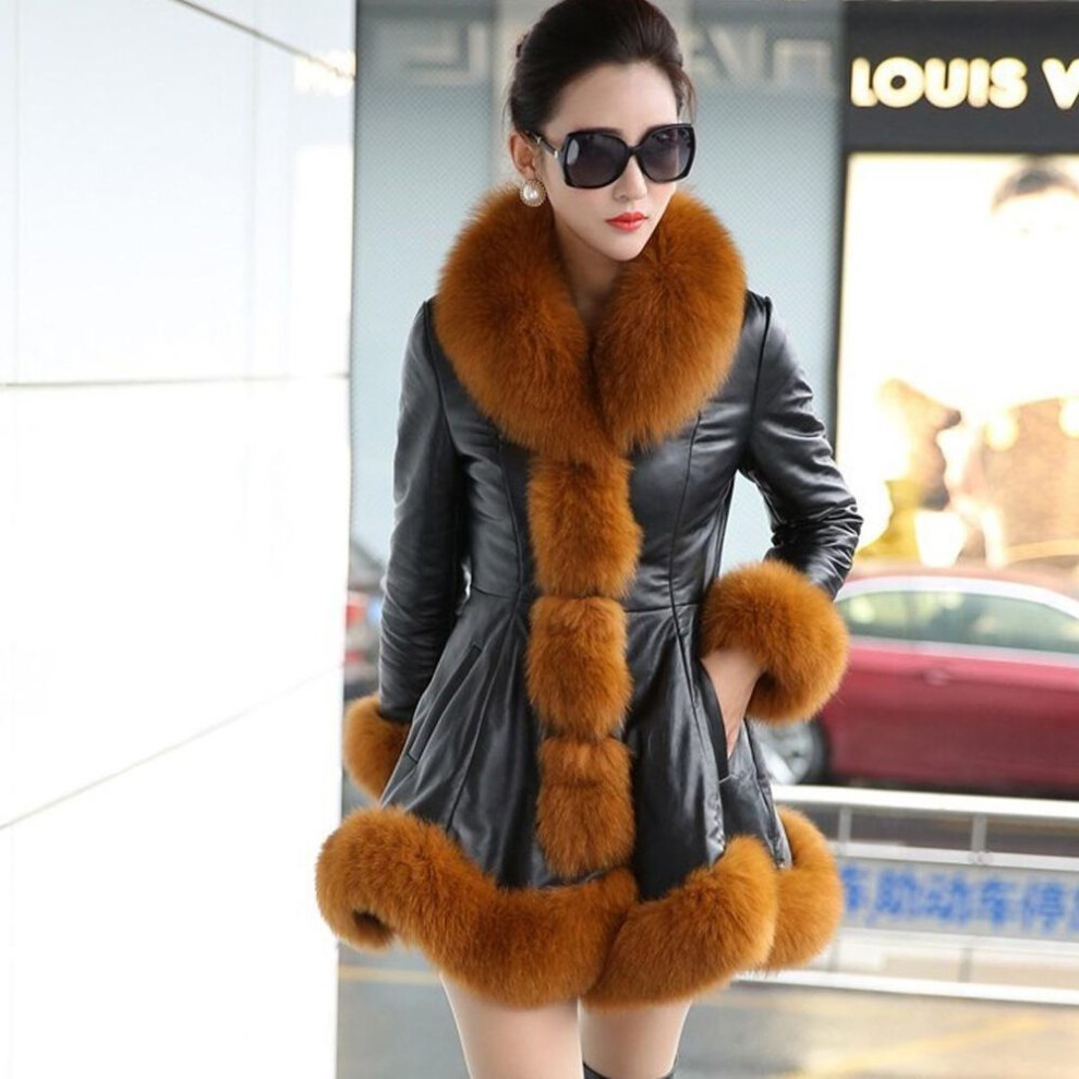 (brown, S) Ladies Winter Faux Fox Fur Leather Coat Warm Fluffy Hoodie Thick Overcoat Plus Size Jacket Slim Fit