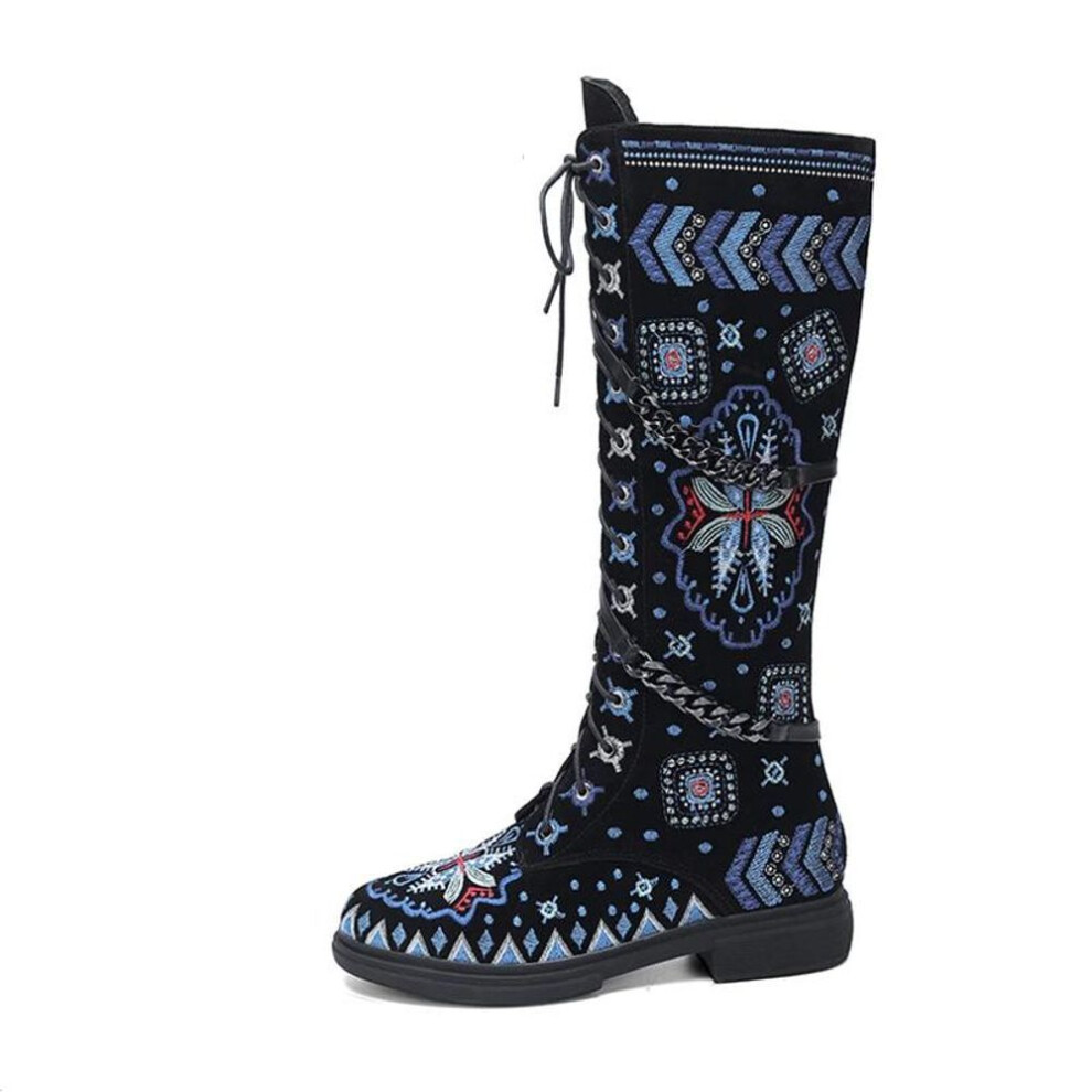 (black, 38) Meotina Women Genuine Leather Knee High Boots Round Toe Flats Embroidery Chain Lace-up Zipper Long Boots Ladies Shoes Winter 40