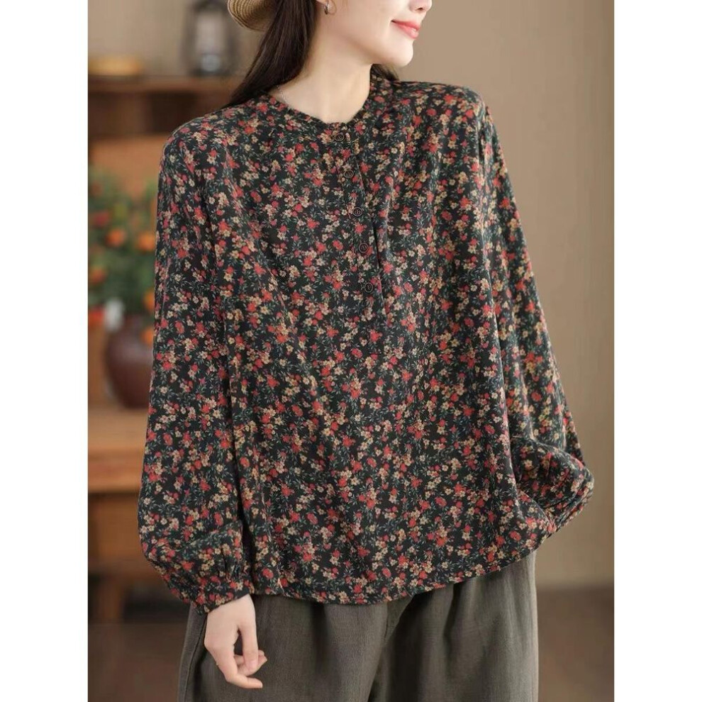 (black, One Size) Johnature Women Vintage Print Floral T-Shirts Long Sleeve O-Neck Spring Tees Double Cotton Soft Loose Women T-Shirts