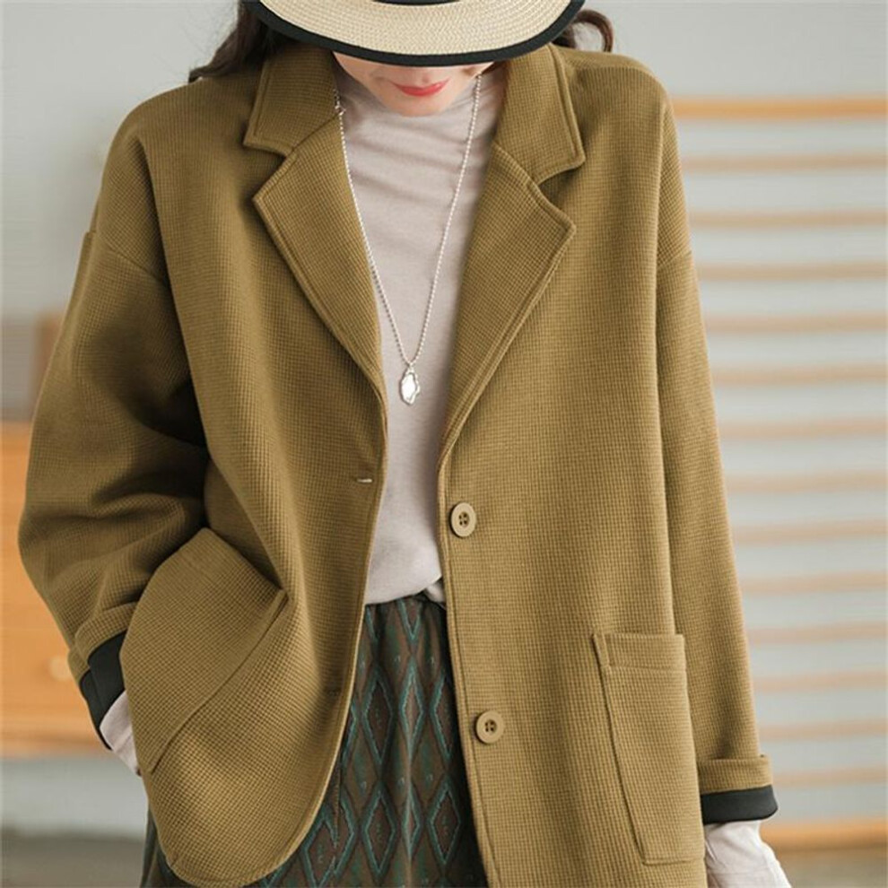 (yellow, L) DIMANAF 2024 New Women Suit Jacket Coat Button Pockets Basic Autumn Cardigan Female Loose Plaid Jacket