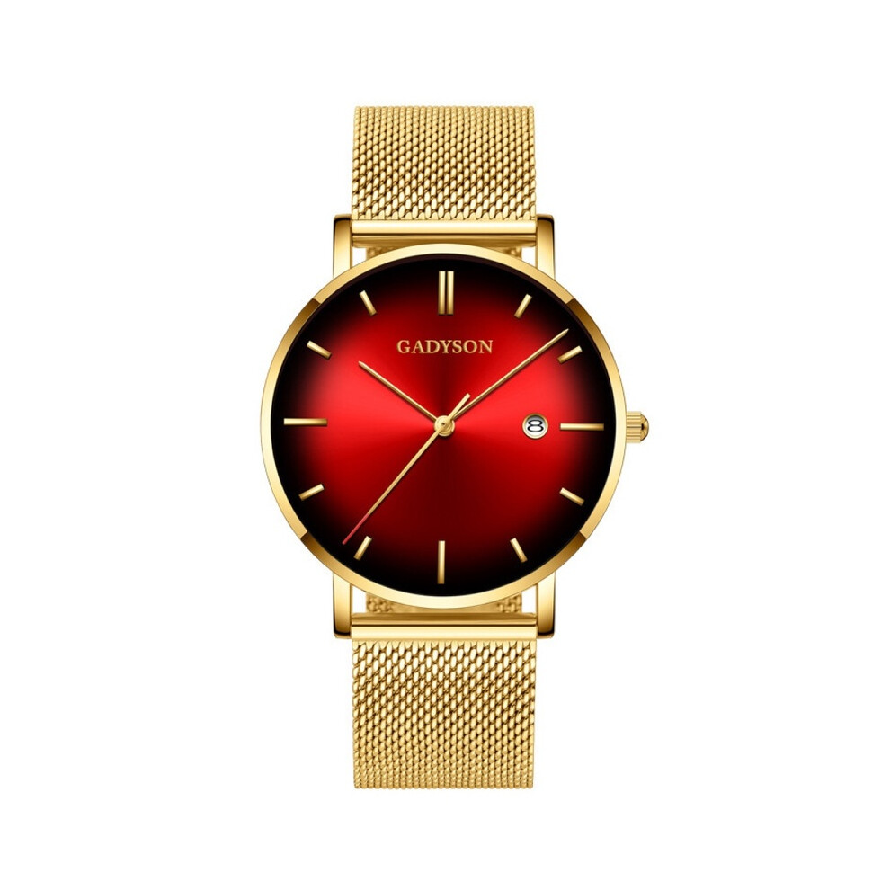 Montre à quartz pour femme (rouge doré) avec bracelet en acier inoxydable et bracelet de luxe