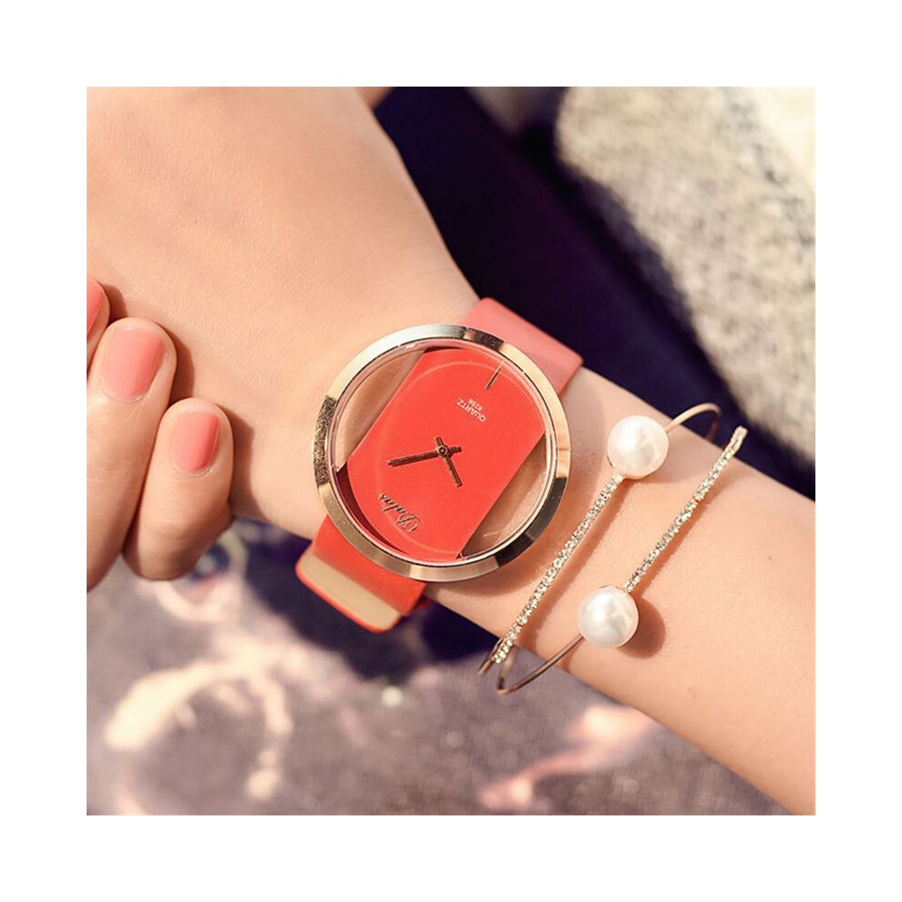(Bracelet rouge) Montre femme luxe cuir squelette bracelet montre femme robe montre décontractée quartz